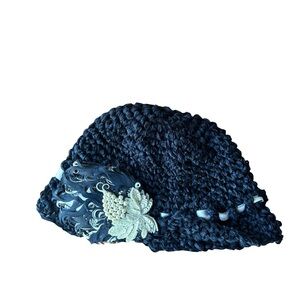 Elegant Navy Blue Crochet Hat with Floral Accent